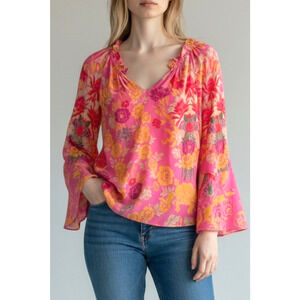 Kobi Halperin Jenna Silk Blouse Top Medium Floral Print Bell Sleeve Relaxed Boho